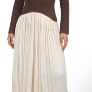 MOON RIVER BROWN/WHITE Long Sleeve Mixed Media Dress